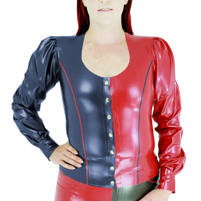 Fashion Women's Color Block Tops Vinyl PVC Leather U-Neck Single Breasted Slim Fit Blouse Office Ladies Lantern Sleeves T-shirts
