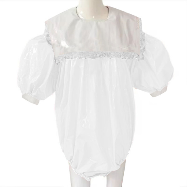 Adult Baby Sissy Bodysuit PVC Leather Lockable Loose Overalls Zipper Back Puff Sleeve Crossdresser Costume Female Playsuit 7XL
