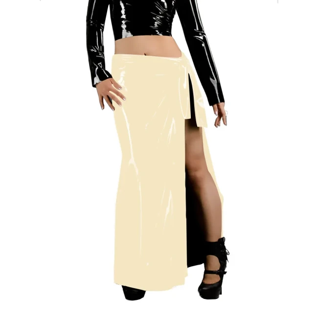 Women's Fashion Long Skirts Wetlook Solid Color Vacation Style Skirt Glossy PVC Leather Lace Up Side Split Skirts Sissy Clubwear