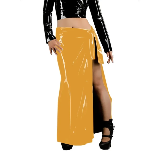 Women's Fashion Long Skirts Wetlook Solid Color Vacation Style Skirt Glossy PVC Leather Lace Up Side Split Skirts Sissy Clubwear