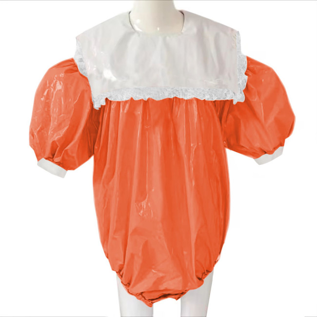 Adult Baby Sissy Bodysuit PVC Leather Lockable Loose Overalls Zipper Back Puff Sleeve Crossdresser Costume Female Playsuit 7XL