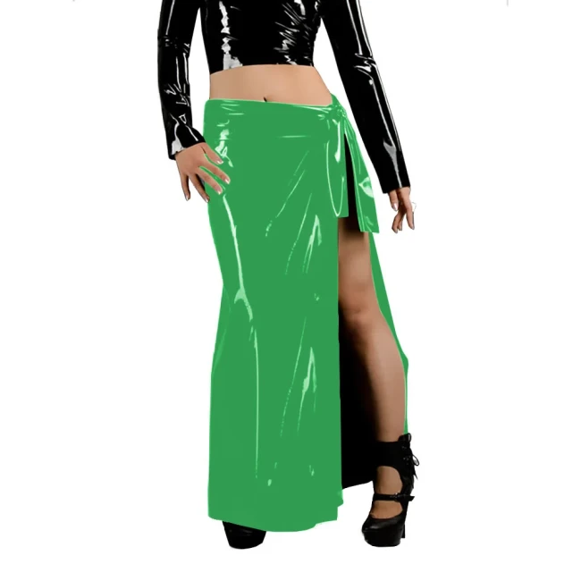 Women's Fashion Long Skirts Wetlook Solid Color Vacation Style Skirt Glossy PVC Leather Lace Up Side Split Skirts Sissy Clubwear