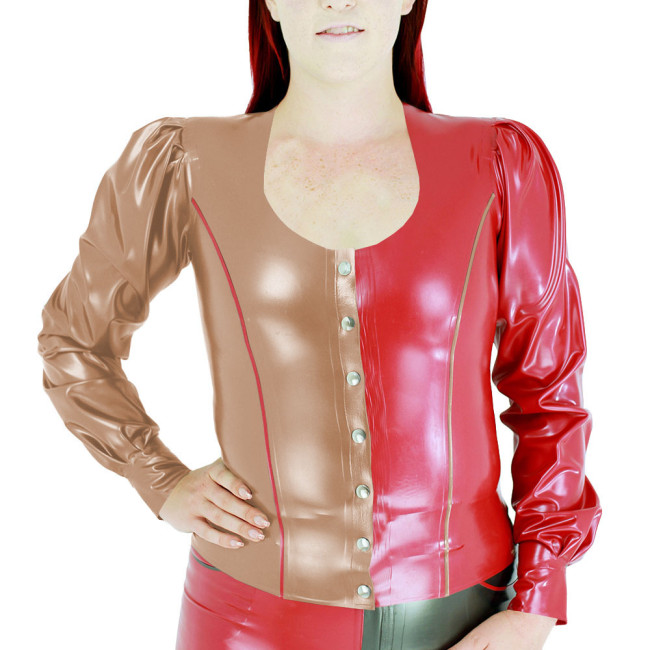 Fashion Women's Color Block Tops Vinyl PVC Leather U-Neck Single Breasted Slim Fit Blouse Office Ladies Lantern Sleeves T-shirts