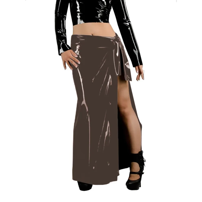 Women's Fashion Long Skirts Wetlook Solid Color Vacation Style Skirt Glossy PVC Leather Lace Up Side Split Skirts Sissy Clubwear