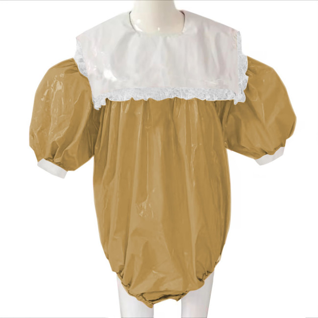 Adult Baby Sissy Bodysuit PVC Leather Lockable Loose Overalls Zipper Back Puff Sleeve Crossdresser Costume Female Playsuit 7XL