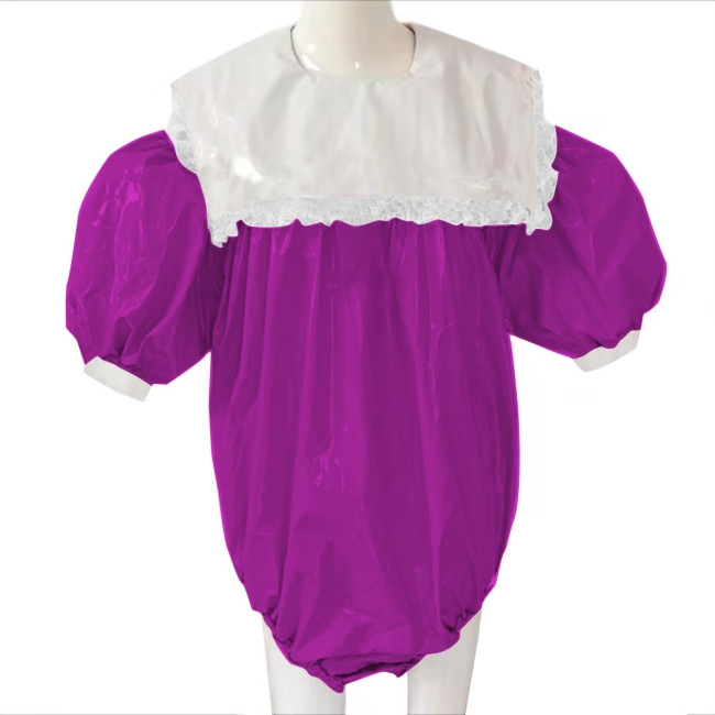 Adult Baby Sissy Bodysuit PVC Leather Lockable Loose Overalls Zipper Back Puff Sleeve Crossdresser Costume Female Playsuit 7XL