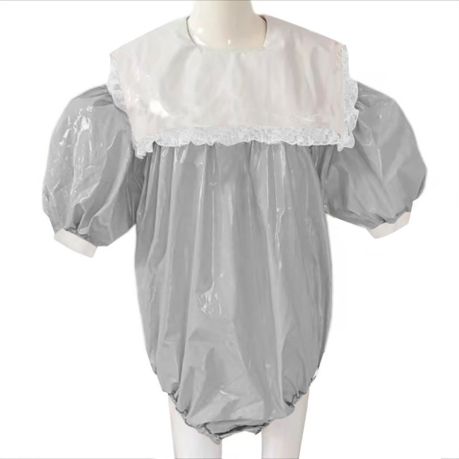 Adult Baby Sissy Bodysuit PVC Leather Lockable Loose Overalls Zipper Back Puff Sleeve Crossdresser Costume Female Playsuit 7XL