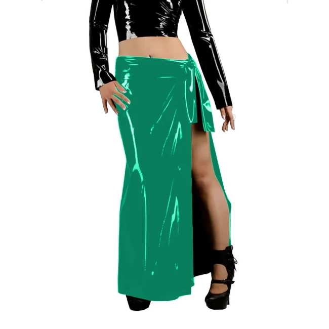 Women's Fashion Long Skirts Wetlook Solid Color Vacation Style Skirt Glossy PVC Leather Lace Up Side Split Skirts Sissy Clubwear