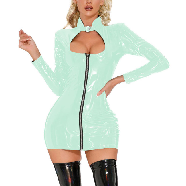 Slim Long Sleeve Vinyl Faux Leather Dress Women Sexy Zipper PVC Dresses Ladies Halloween Costumes Plus Size 7XL Cosplay Clothing