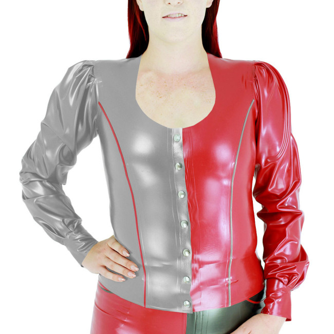 Fashion Women's Color Block Tops Vinyl PVC Leather U-Neck Single Breasted Slim Fit Blouse Office Ladies Lantern Sleeves T-shirts