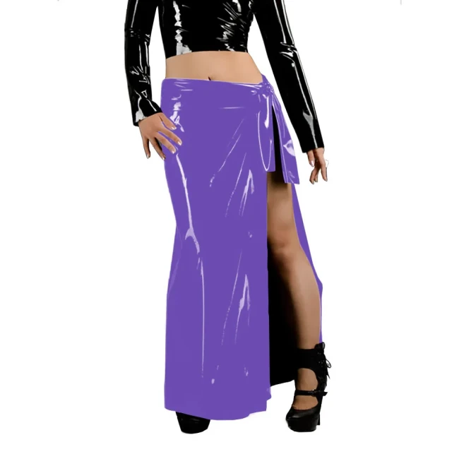 Women's Fashion Long Skirts Wetlook Solid Color Vacation Style Skirt Glossy PVC Leather Lace Up Side Split Skirts Sissy Clubwear