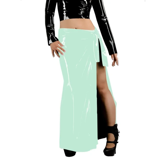 Women's Fashion Long Skirts Wetlook Solid Color Vacation Style Skirt Glossy PVC Leather Lace Up Side Split Skirts Sissy Clubwear