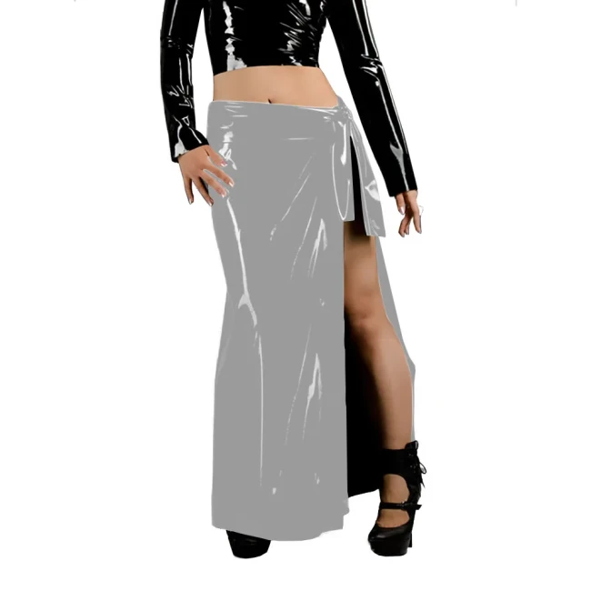 Women's Fashion Long Skirts Wetlook Solid Color Vacation Style Skirt Glossy PVC Leather Lace Up Side Split Skirts Sissy Clubwear