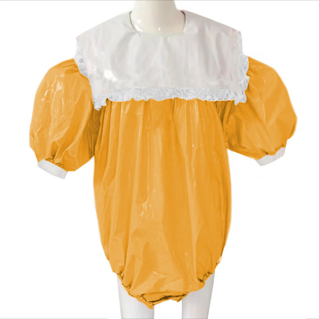 Adult Baby Sissy Bodysuit PVC Leather Lockable Loose Overalls Zipper Back Puff Sleeve Crossdresser Costume Female Playsuit 7XL
