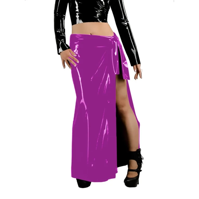 Women's Fashion Long Skirts Wetlook Solid Color Vacation Style Skirt Glossy PVC Leather Lace Up Side Split Skirts Sissy Clubwear