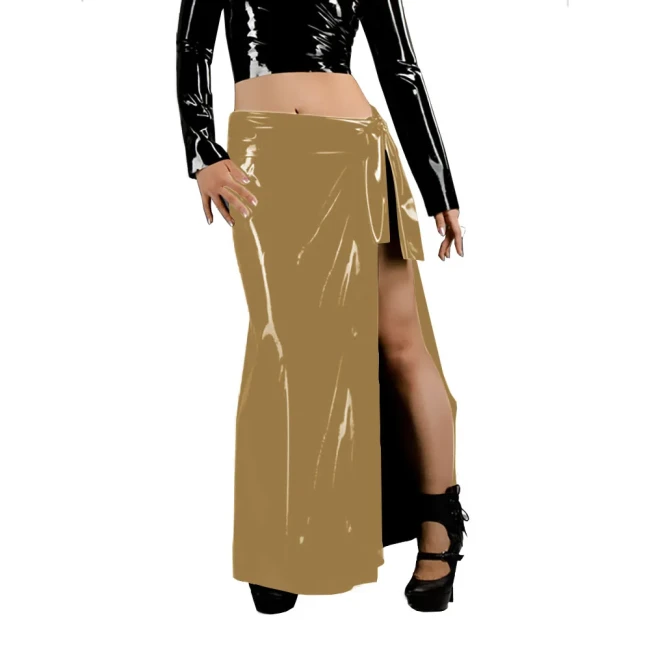 Women's Fashion Long Skirts Wetlook Solid Color Vacation Style Skirt Glossy PVC Leather Lace Up Side Split Skirts Sissy Clubwear