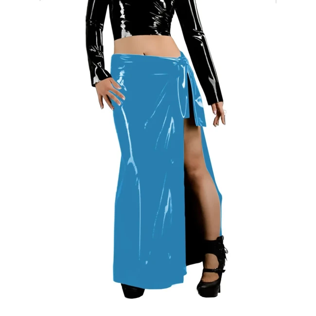 Women's Fashion Long Skirts Wetlook Solid Color Vacation Style Skirt Glossy PVC Leather Lace Up Side Split Skirts Sissy Clubwear