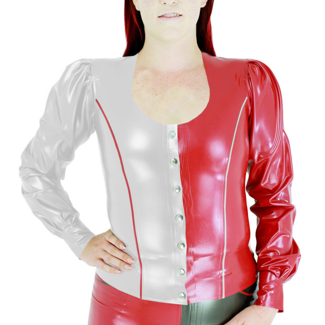 Fashion Women's Color Block Tops Vinyl PVC Leather U-Neck Single Breasted Slim Fit Blouse Office Ladies Lantern Sleeves T-shirts