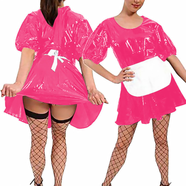 Women Sexy Faux Latex French Maid Dress Halloween Sweet Lolita Cosplay with Apron A-line Mini Dress Maidservant Waitress Costume