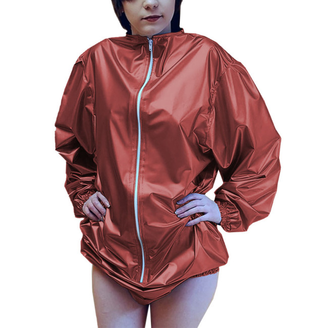 Loose Long Sleeve Stretchy Bodysuit Cosplay Vinyl PVC Leather High Cut Jumpsuit Front Zipper Ladies Wet Look Playsuits Exotic