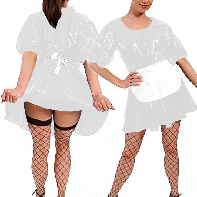 Women Sexy Faux Latex French Maid Dress Halloween Sweet Lolita Cosplay with Apron A-line Mini Dress Maidservant Waitress Costume