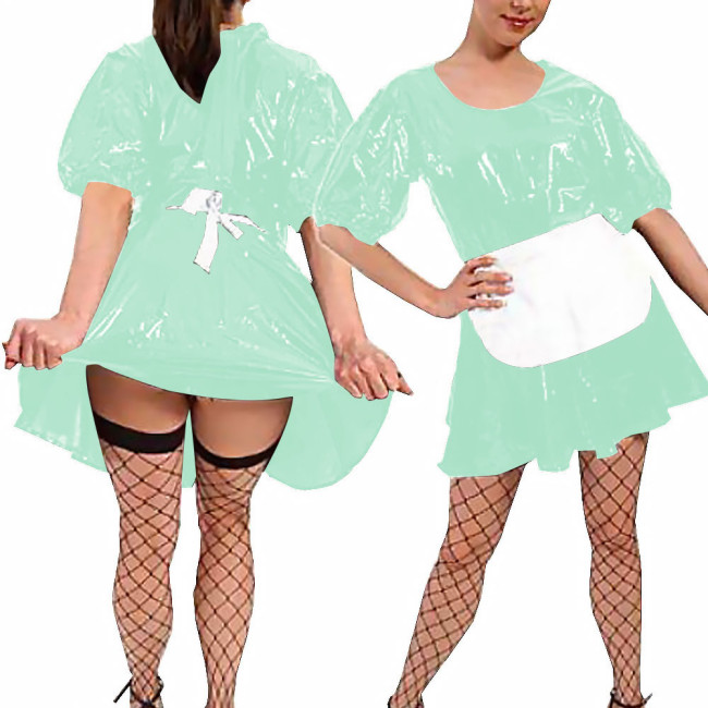 Women Sexy Faux Latex French Maid Dress Halloween Sweet Lolita Cosplay with Apron A-line Mini Dress Maidservant Waitress Costume