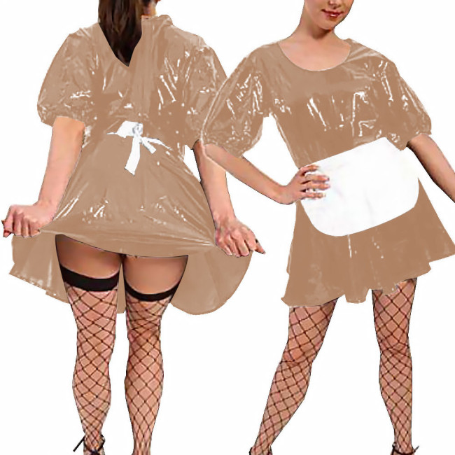Women Sexy Faux Latex French Maid Dress Halloween Sweet Lolita Cosplay with Apron A-line Mini Dress Maidservant Waitress Costume