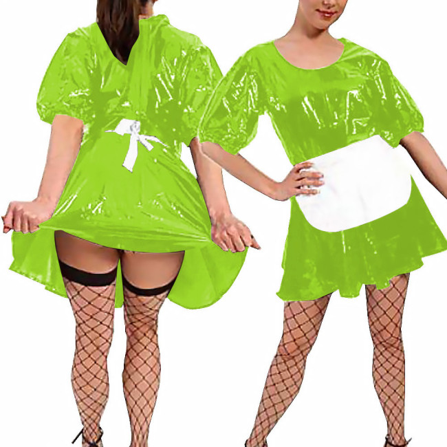 Women Sexy Faux Latex French Maid Dress Halloween Sweet Lolita Cosplay with Apron A-line Mini Dress Maidservant Waitress Costume