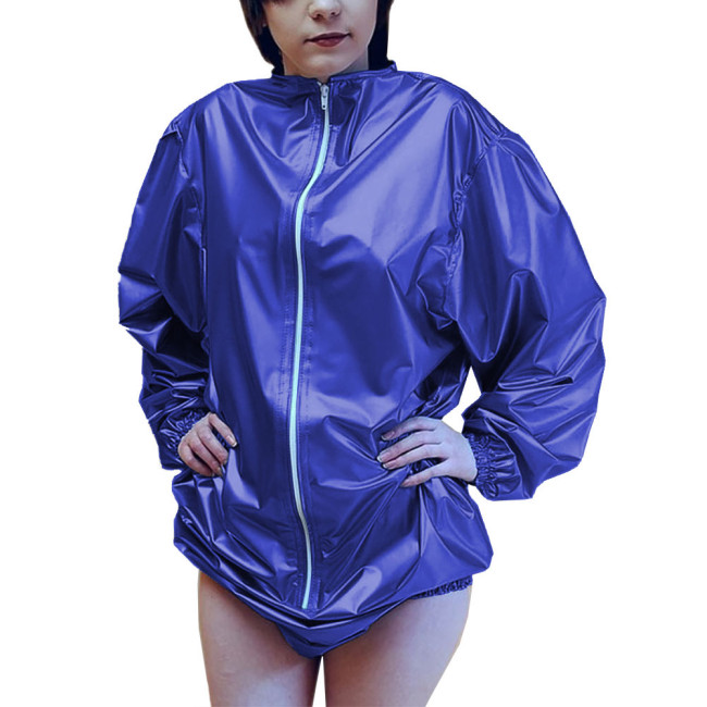 Loose Long Sleeve Stretchy Bodysuit Cosplay Vinyl PVC Leather High Cut Jumpsuit Front Zipper Ladies Wet Look Playsuits Exotic