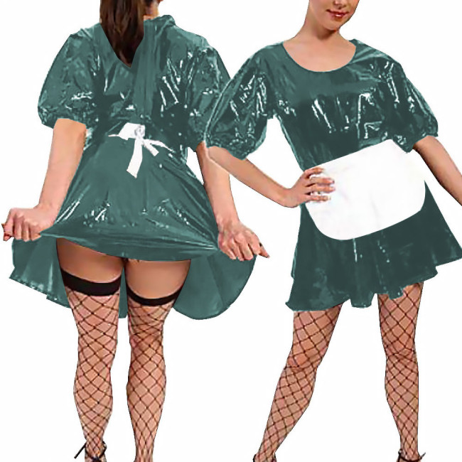 Women Sexy Faux Latex French Maid Dress Halloween Sweet Lolita Cosplay with Apron A-line Mini Dress Maidservant Waitress Costume