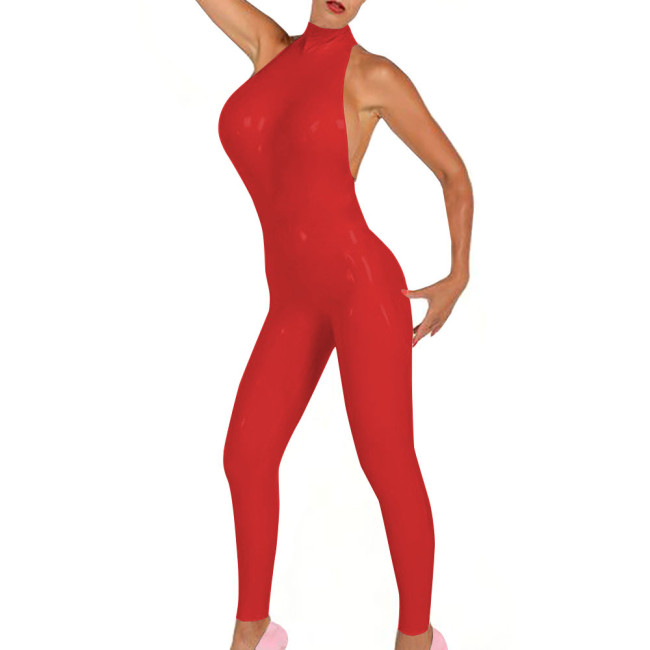 Sleeveless PVC Jumpsuit Wetlook Zipper Back Catsuit Latex Look Bodysuit Shiny PU Leather Cosplay Jumpsuit Leotard Tight Unitard