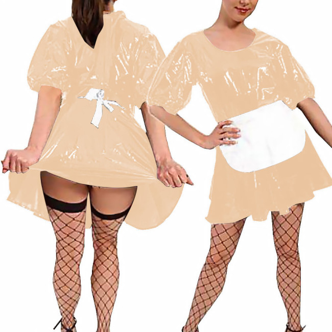 Women Sexy Faux Latex French Maid Dress Halloween Sweet Lolita Cosplay with Apron A-line Mini Dress Maidservant Waitress Costume