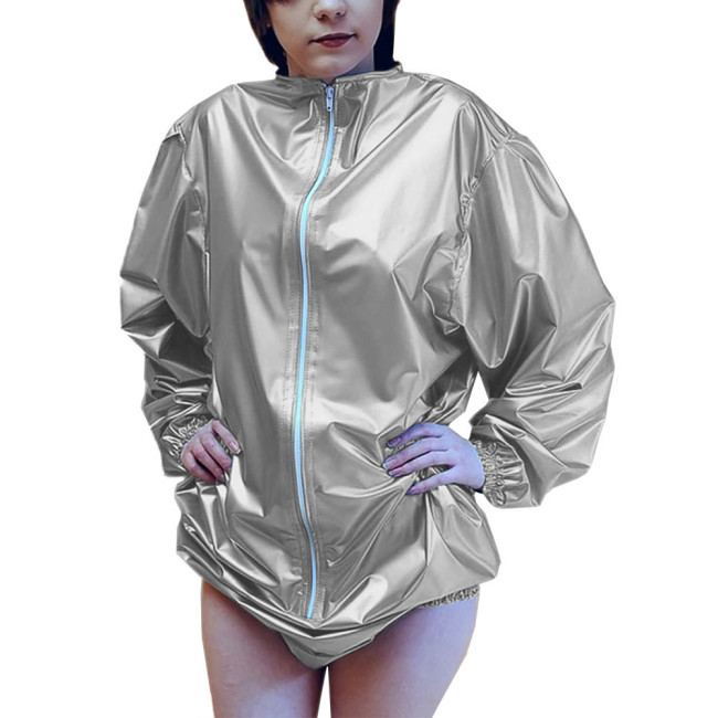 Loose Long Sleeve Stretchy Bodysuit Cosplay Vinyl PVC Leather High Cut Jumpsuit Front Zipper Ladies Wet Look Playsuits Exotic
