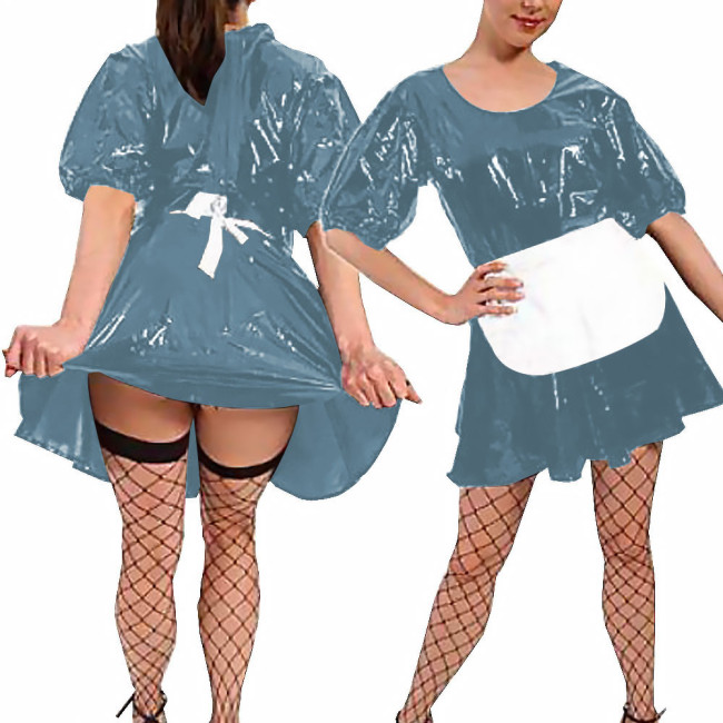 Women Sexy Faux Latex French Maid Dress Halloween Sweet Lolita Cosplay with Apron A-line Mini Dress Maidservant Waitress Costume