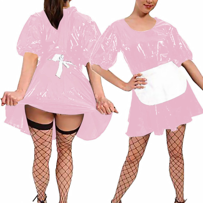 Women Sexy Faux Latex French Maid Dress Halloween Sweet Lolita Cosplay with Apron A-line Mini Dress Maidservant Waitress Costume