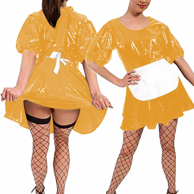 Women Sexy Faux Latex French Maid Dress Halloween Sweet Lolita Cosplay with Apron A-line Mini Dress Maidservant Waitress Costume