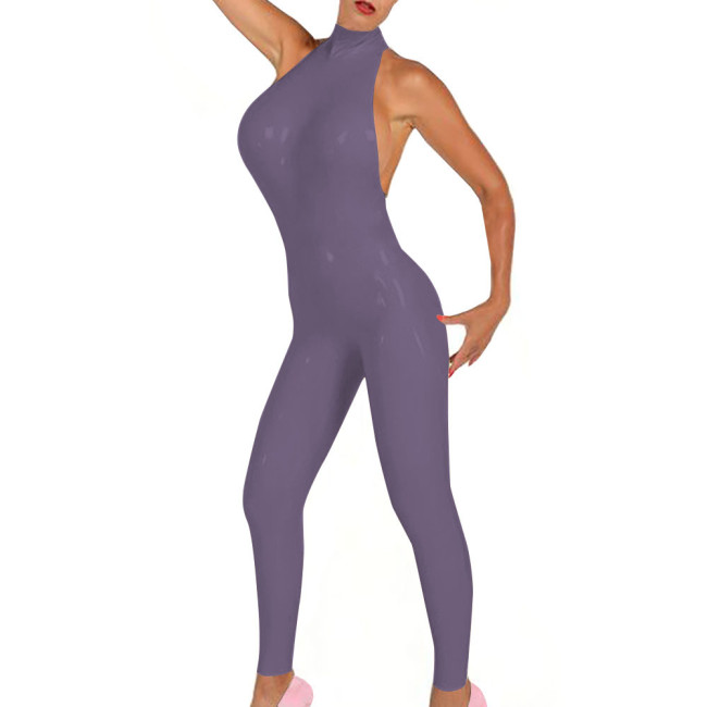 Sleeveless PVC Jumpsuit Wetlook Zipper Back Catsuit Latex Look Bodysuit Shiny PU Leather Cosplay Jumpsuit Leotard Tight Unitard