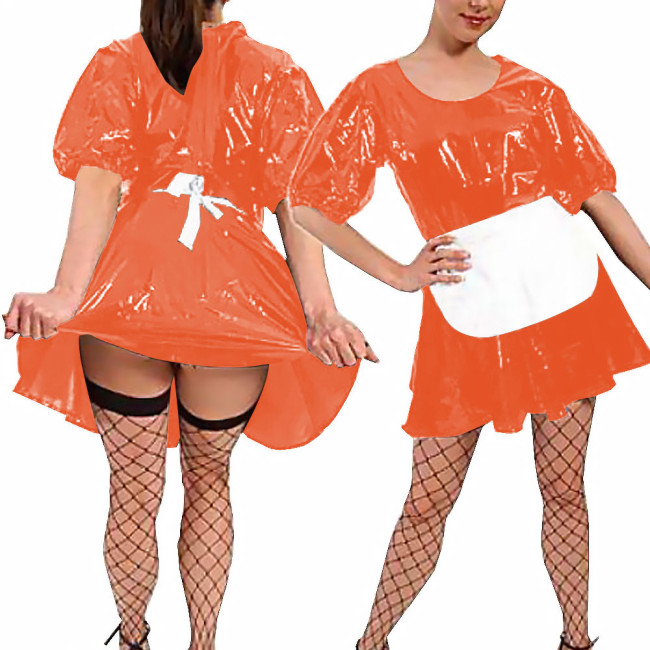 Women Sexy Faux Latex French Maid Dress Halloween Sweet Lolita Cosplay with Apron A-line Mini Dress Maidservant Waitress Costume