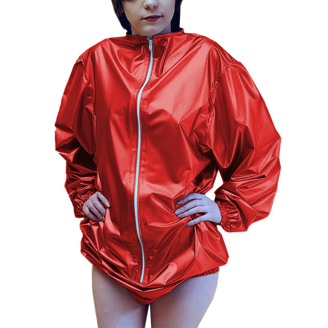 Loose Long Sleeve Stretchy Bodysuit Cosplay Vinyl PVC Leather High Cut Jumpsuit Front Zipper Ladies Wet Look Playsuits Exotic