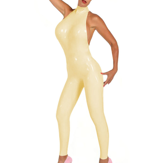 Sleeveless PVC Jumpsuit Wetlook Zipper Back Catsuit Latex Look Bodysuit Shiny PU Leather Cosplay Jumpsuit Leotard Tight Unitard