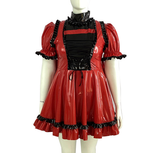 Sissy Puff Short Sleeve Vintage Dress Lace-up Ruffles Bow Party Lolita Dress Plus Size Sweet PVC Shiny Dress Cosplay Outfits 7XL