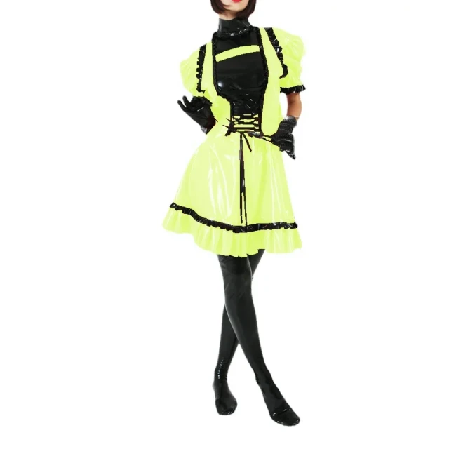 Sissy Puff Short Sleeve Vintage Dress Lace-up Ruffles Bow Party Lolita Dress Plus Size Sweet PVC Shiny Dress Cosplay Outfits 7XL