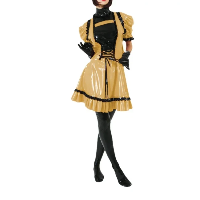 Sissy Puff Short Sleeve Vintage Dress Lace-up Ruffles Bow Party Lolita Dress Plus Size Sweet PVC Shiny Dress Cosplay Outfits 7XL