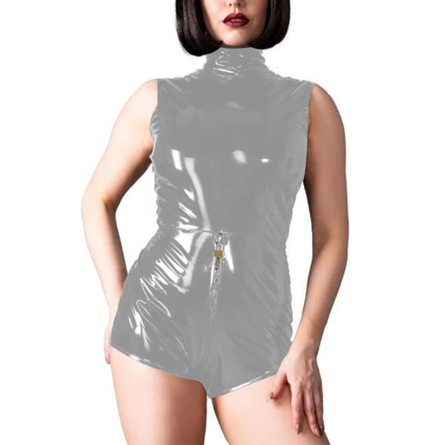 Lockable PVC Leather Bodysuit Sleeveless Two Way Zipper Open Crotch Jumpsuit  Sissy Mens Crossdresser Rompers Gay Body 7XL