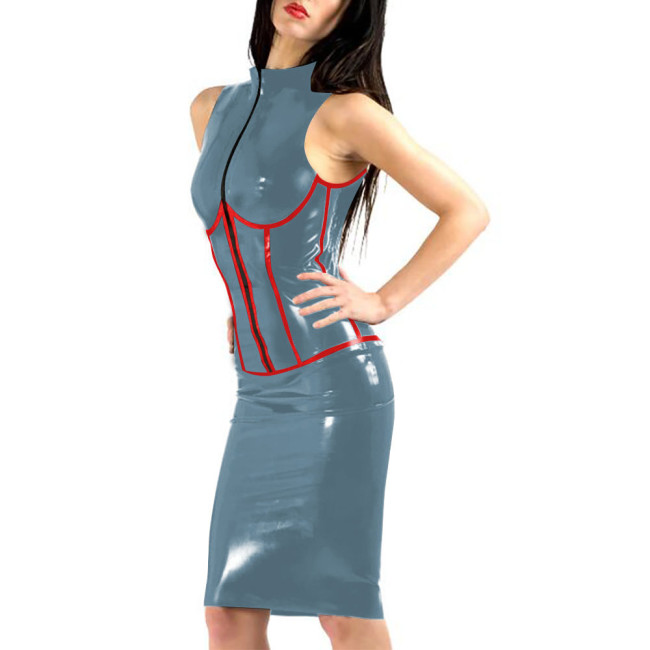 Elegant Office Lady Slim PVC Leather Dress Knee-length Corset Zipper Front Bodycon Pencil Dress Sexy Sleeveless Club Dresses 7xl