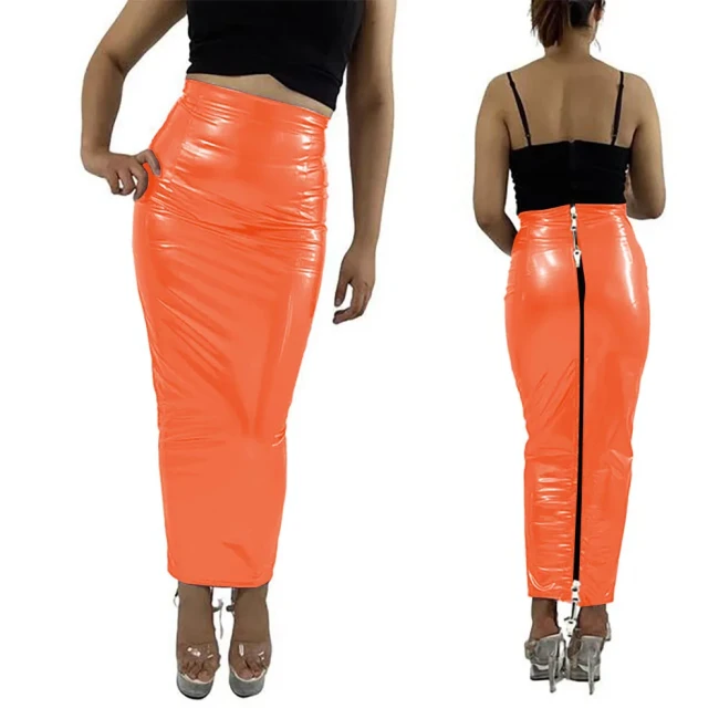 Sissy Lockable Hobble Pencil Skirts Sexy Female Women Ankle Length Two Way Zipper Unisex Erotic Fetish Elegant PVC Leather Skirt