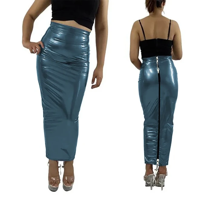 Sissy Lockable Hobble Pencil Skirts Sexy Female Women Ankle Length Two Way Zipper Unisex Erotic Fetish Elegant PVC Leather Skirt