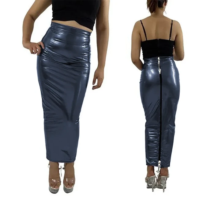 Sissy Lockable Hobble Pencil Skirts Sexy Female Women Ankle Length Two Way Zipper Unisex Erotic Fetish Elegant PVC Leather Skirt