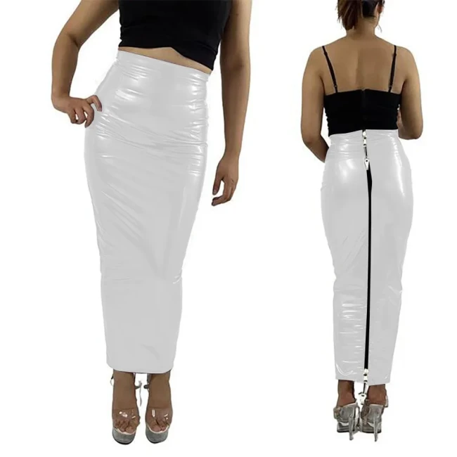 Sissy Lockable Hobble Pencil Skirts Sexy Female Women Ankle Length Two Way Zipper Unisex Erotic Fetish Elegant PVC Leather Skirt