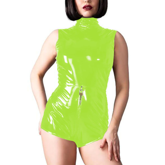 Lockable PVC Leather Bodysuit Sleeveless Two Way Zipper Open Crotch Jumpsuit  Sissy Mens Crossdresser Rompers Gay Body 7XL